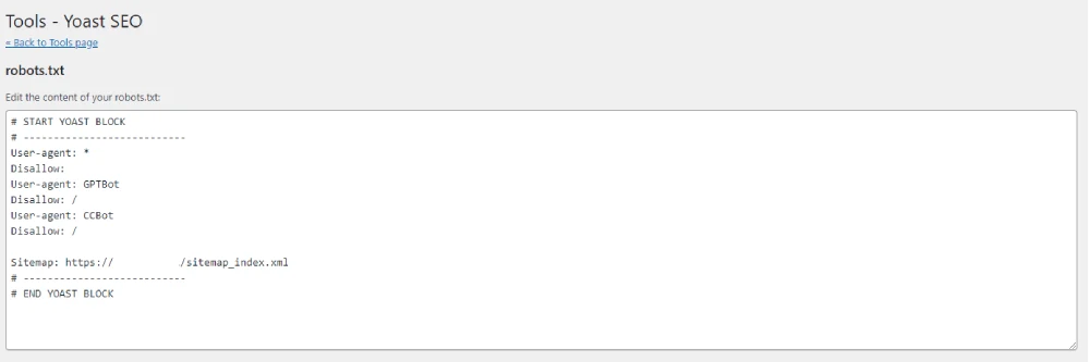 Block AI Crawler GPTBot Disallow Yoast SEO Robots.txt Edit
